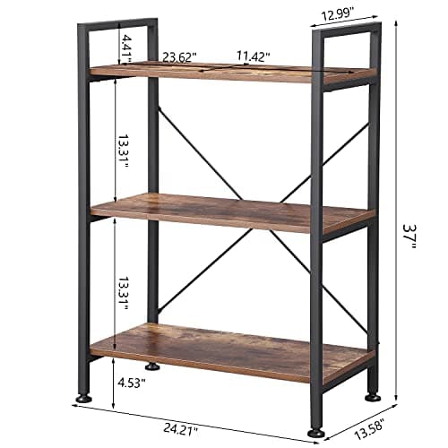 BEWISHOME 37" 3-Tier Rustic Brown Bookshelf for Small Spaces