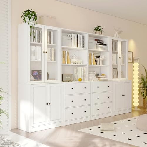 TUSY 71" 3-Tier Modern Bookshelf with 3 Drawers & 5-Tier Shelves, Wood & Glass Doors Home Office