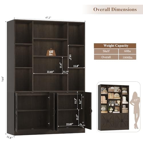 75" Tall BOOKSHELF with Storage, 47" Wide, 4 Doors, Dark Brown, Modern Farmhouse