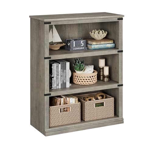 IDEALHOUSE 3-Tier Grey Farmhouse Bookcase with Storage for Home Office