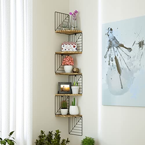 Love-KANKEI Carbonized Black 5-Tier Rustic Wood Wall Mount Corner Shelves