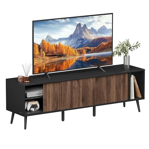 SONGMICS ULTV533B01 TV Stand, 72 Inch Max, Toolless Assembly, Storage Cabinet, Natural Walnut/Ebony Black