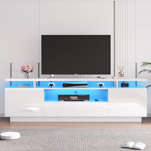 Modern 70in High-Gloss LED TV Stand, White with Open Shelves & Drawer