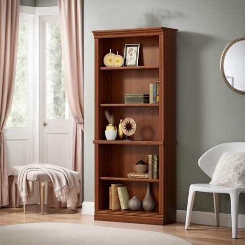 Furniwell Cherry 5-Shelf Tall Wood Bookcase, Large Storage for Library, Bedroom, Living Room