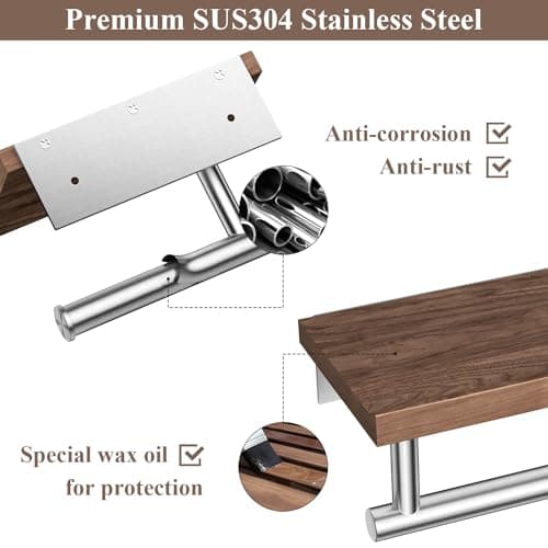 Wooden Wall Mounted Toilet Paper Holder with Shelf, Brushed Nickel Stainless Steel Bathroom Accessories