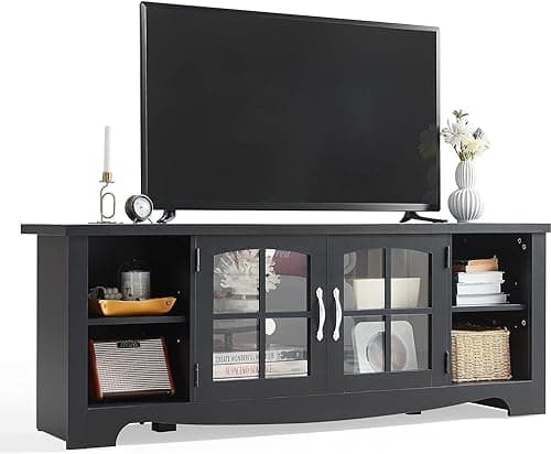 LINSY HOME Sturdy 65 Inch TV Stand with Glass Door Storage & Adjustable Shelves