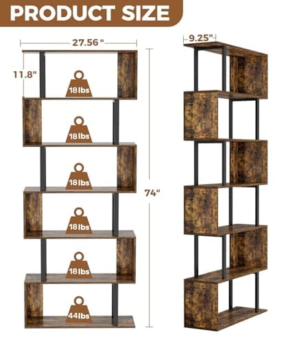 Gadroad 6 Tier Geometric S-Shaped Bookcase, Rustic Brown, Living Room Bedroom Storage