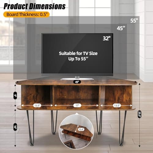 Corner TV Stand with Open Storage and Cable Hole, Brown