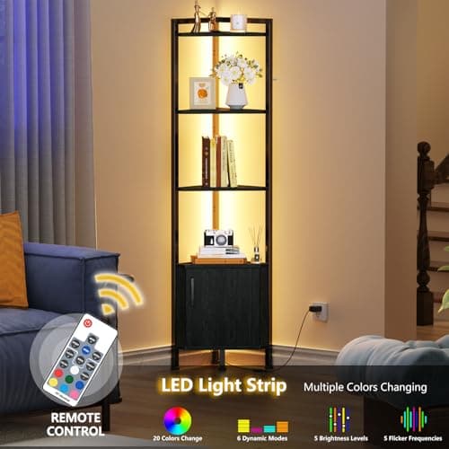 Furnulem Black Oak 5-Tier Corner Cabinet with LED Light and Storage (62.8")