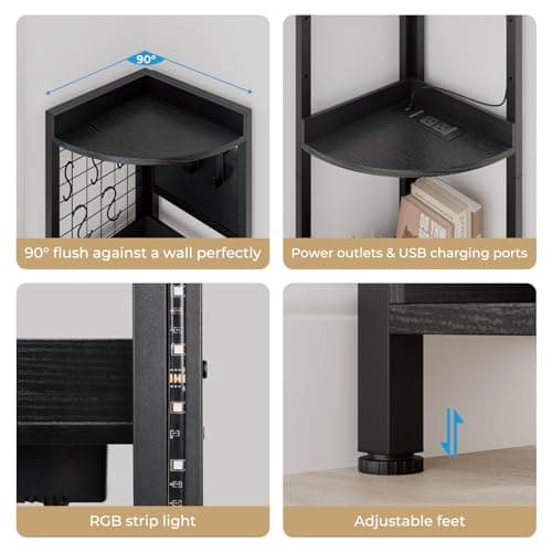 Dripex 5 Tier Black Corner Shelf with Power Outlets & Strip Lights