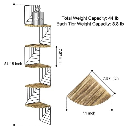 Love-KANKEI Carbonized Black 5-Tier Rustic Wood Wall Mount Corner Shelves