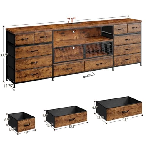 EnHomee 71 Rustic Brown TV Stand with LED & Charging Station for Bedroom