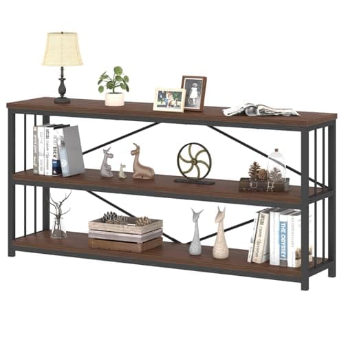 Rustic 3 Tier Bookshelf, Industrial Horizontal Wood Bookcase, Vintage Metal Etagere for Home Office Bedroom Living Room