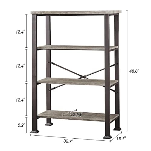 HOMBAZAAR Grey Industrial 4 Tier Bookshelf, Engineered Wood & Metal Deep Bookcases