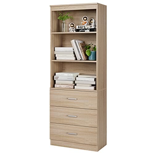 Fotosok 71" Tall Dark Grey Bookshelf with Drawers & 3-Tier Shelves for Home Office