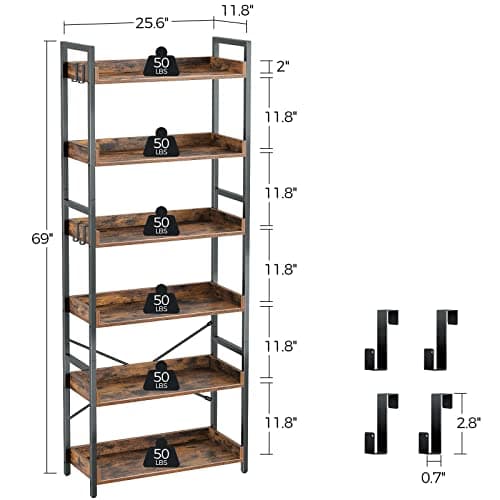 Rolanstar Industrial 6-Tier Bookshelf with Hooks, Rustic Brown for Living Room, Bedroom