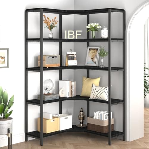 IBF 5-Tier Black Corner Bookshelf, Modern L-Shaped Storage Organizer
