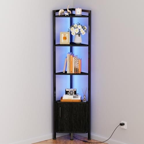 Furnulem Black Oak 5-Tier Corner Cabinet with LED Light and Storage (62.8")