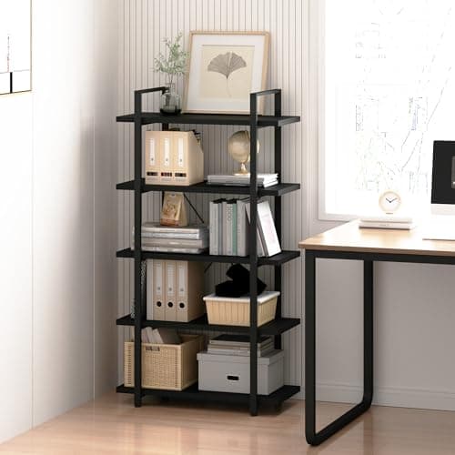 Modern Tall Bookshelf with Large Storage - 5 Tier Bookcase for Bedroom, Living Room, and Office - Black Shelf for Books and Plants.