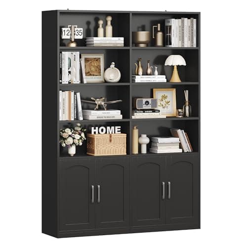 Double Wide Large 6 Tier Oak Bookshelf with Doors and Storage Cabinets