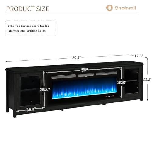 OneinMil 80" Fireplace TV Stand, 50 Inch Electric Fireplace, Modern Entertainment Center, Black