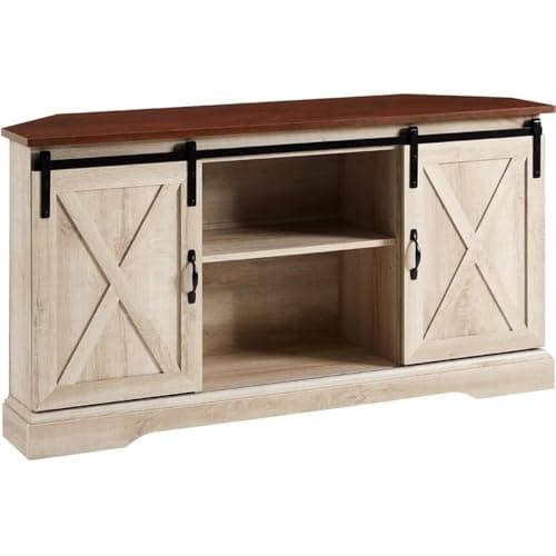 White Oak Finish Pemberly Row Wood Corner TV Stand with Sliding Doors & Adjustables