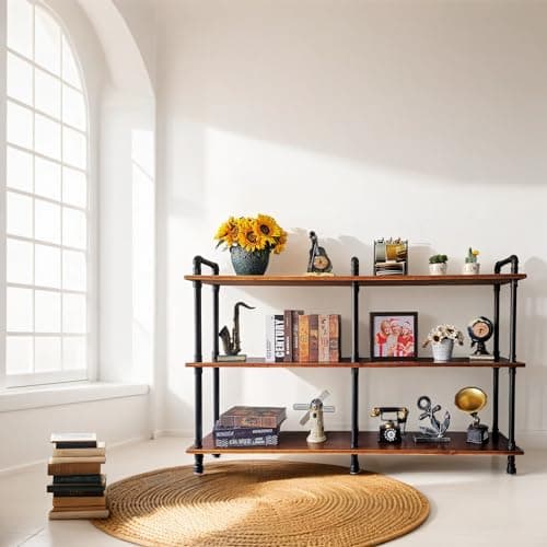 Rustic Brown 3-Tier Industrial Pipe Bookshelf, 60" L x 39" H for Living Room, Entry, Office