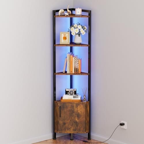 Furnulem Black Oak 5-Tier Corner Cabinet with LED Light and Storage (62.8")