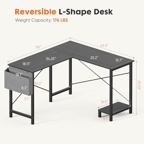L-Shaped Gaming Desk - 50 Black Computer Table for Home Office and Small Spaces