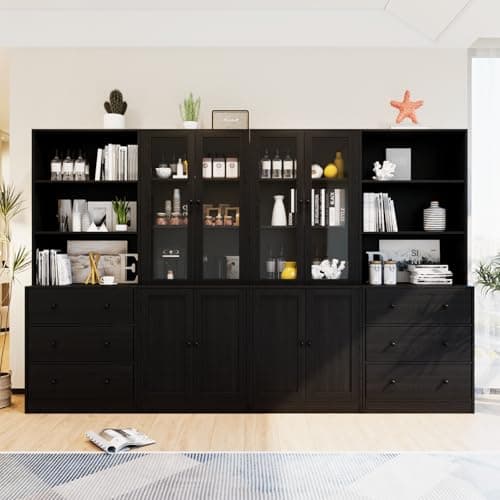 TUSY 71" 3-Tier Modern Bookshelf with 3 Drawers & 5-Tier Shelves, Wood & Glass Doors Home Office