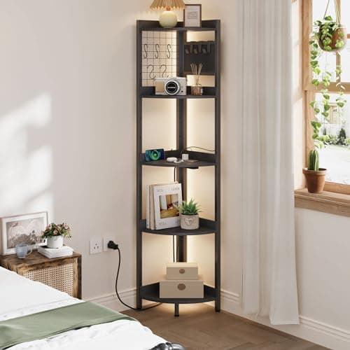Dripex 5 Tier Black Corner Shelf with Power Outlets & Strip Lights