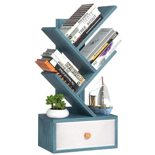 Natural 8-Tier Standing Wood Bookshelf with Drawer for Narrow Spaces