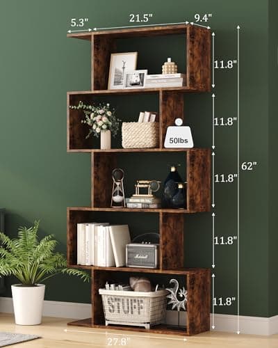 Yusong 5-Tier Geometric S-Shaped Bookshelf, Modern Rustic Brown Home Office Decor
