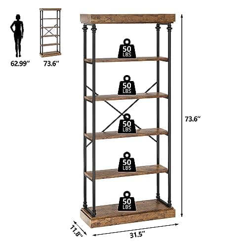 IDEALHOUSE Rustic Tall 6 Tier Wood Storage Bookshelf with Metal Frame