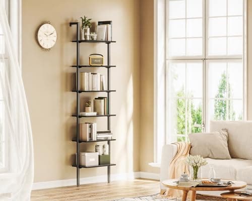 6 Tier ODK Black Metal Ladder Bookshelf, Wall Mounted