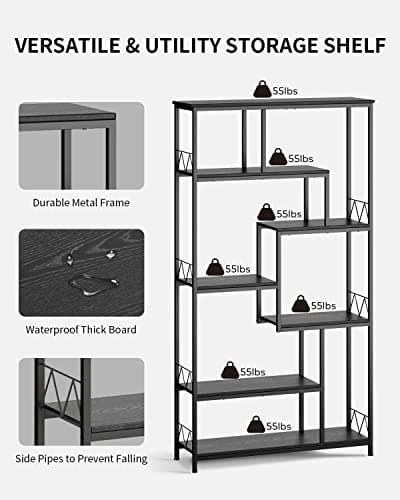 Gizoon 71" Industrial Black Staggered Bookshelves 8-Shelves for Bedroom, Living Room, Home Office