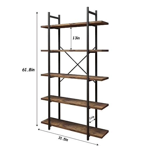 Industrial Rustic Brown Metal Bookshelf, 5 Tiers, Standing Storage for Home Office and Study.