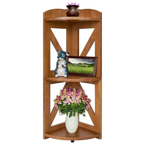 Natural Wood 3 Tier Corner Bookshelf, Plant Stand, Living Room, Home Office, Bedroom (White)