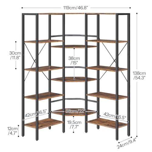 HOOBRO BF68SJ01 5-Tier L-Shaped Rustic Brown & Black Bookshelf