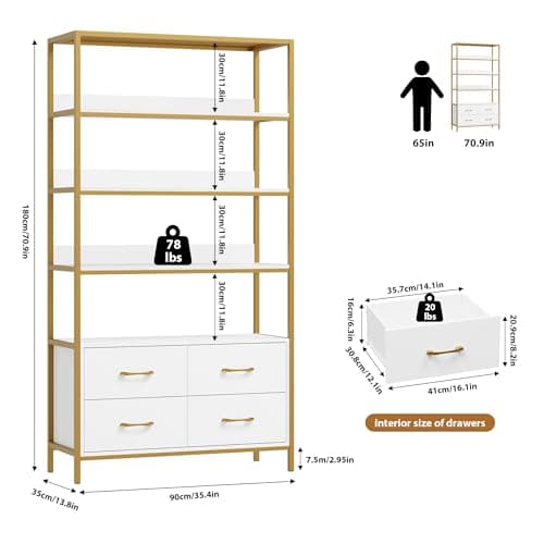 HITHOS 5 Tier Modern Wood Bookshelf with Drawers, 71" Tall Storage Cabinet