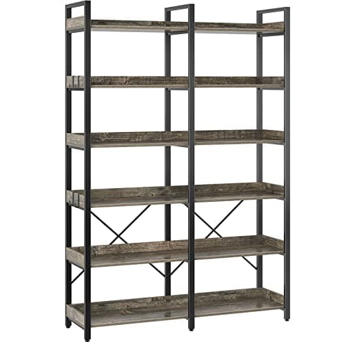 Industrial Wooden 6 Tier Bookshelf with 4 Hooks, Vintage Storage Rack, Rustic Brown