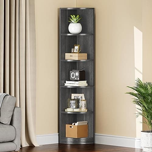 YITAHOME 70.8 5-Tier Corner Bookshelf - Modern Free Standing Wooden Storage Shelf for Bedroom, Living Room, Home Office (Charcoal Gray)
