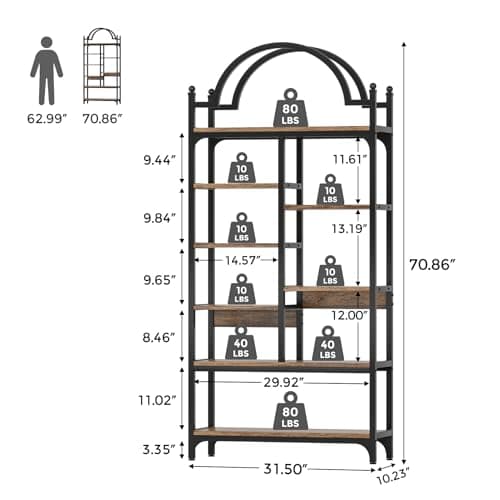 8-Tier Industrial Arched Bookshelf, 71 Inch Tall, Rustic Brown, Ideal for Living Room, Bedroom, and Home Office