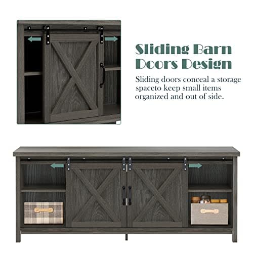 GAZHOME Dark Grey Rustic Modern Farmhouse TV Stand with Sliding Doors Storage