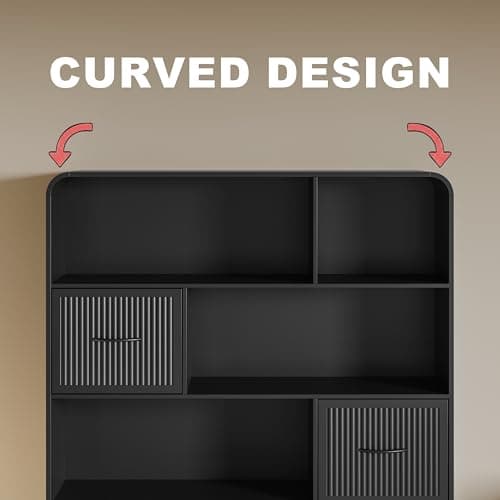 Tall Black 48" Modern 5-Tier Bookshelf with Drawers and StorageBins