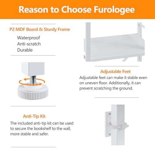 Furologee White Tall Bookshelf with 6 Shelves for Living Room and Home Office