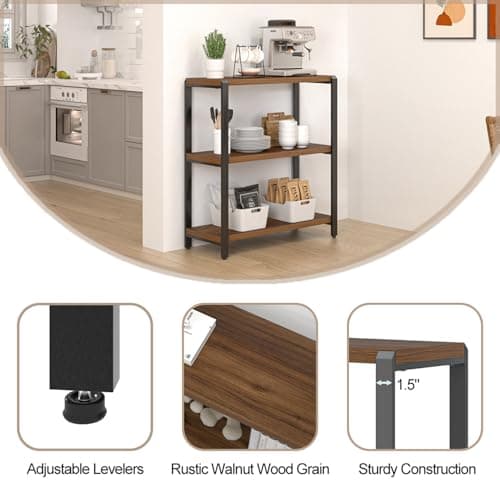 FOLUBAN 3-Tier Industrial Metal & Wood Bookshelf, Rustic Walnut, for Living Room and Bedroom