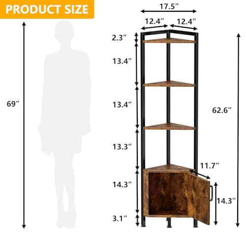 Narrow 5-Tier LED Corner Shelf with Storage for Bedroom, Living Room, Kitchen - Rustic Brown Wood Display Shelf