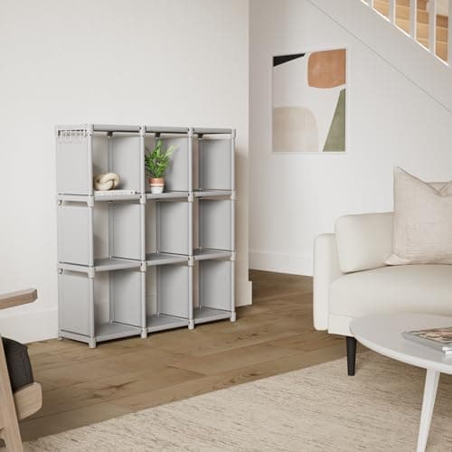 Mavivegue 9 Cube Metal Bookshelf, Grey Storage Organizer for Bedroom and Office