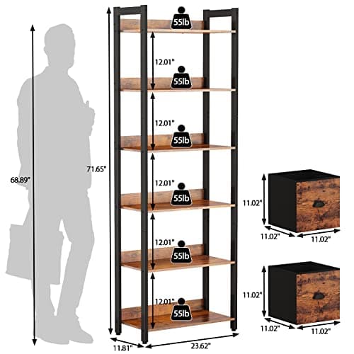 Furologee 6-Tier Rustic Brown Bookshelf with Drawers for Home Office